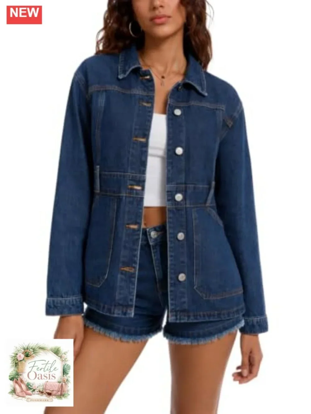 Waist-Seamed Button Front Denim Long Jacket Shacket Women